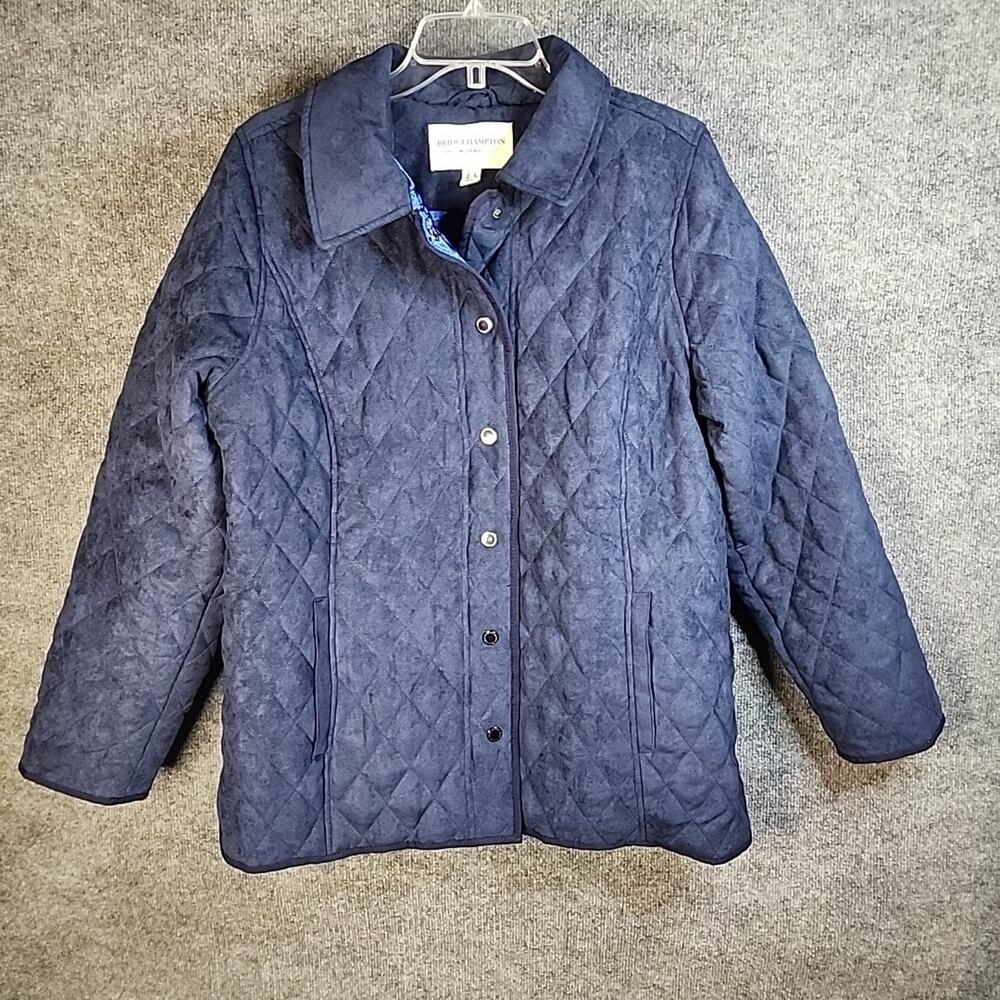 BRIDGE HAMPTON ISSAC MIZRAHI LIVE! Faux Suede Coat Full Snap Up Dark Navy Sz L